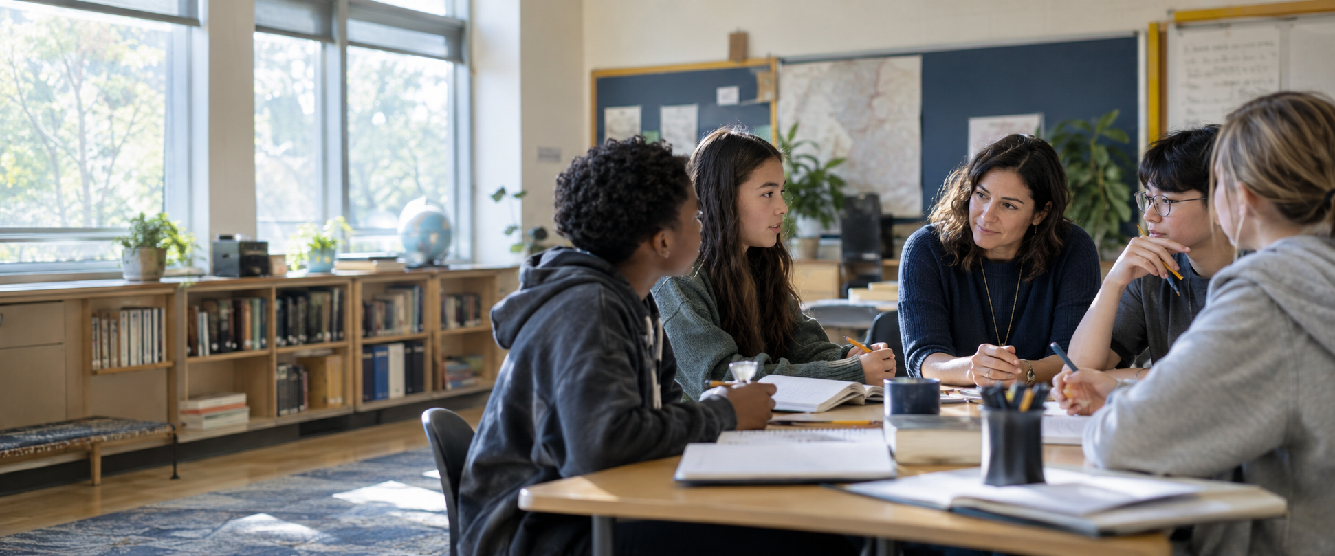 Students and an educator engaged in a collaborative classroom conversation
