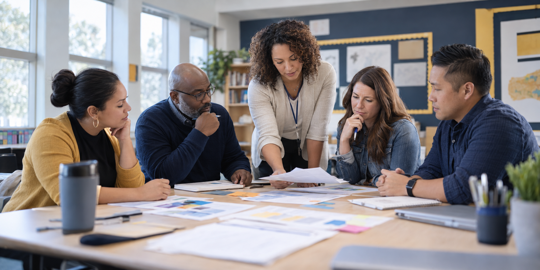 A diverse team of educators analyzing evidence and planning school improvement