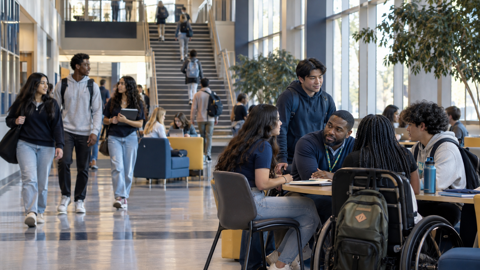 Students and an educator interacting in a bright school commons
